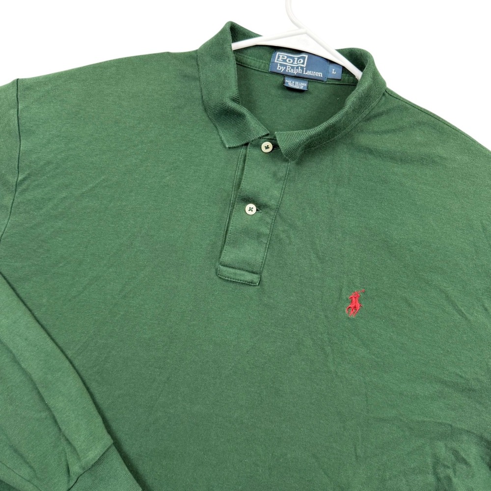 Polo Ralph Lauren Polo Shirt Mens L Green Long Sleeve Jersey Cotton Red Pony